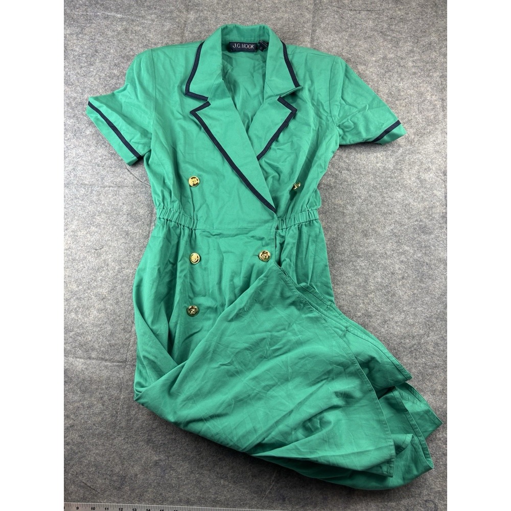 JG Hook VTG Green Cotton Double Breasted Midi Dress Gold Nautical Sailor size 12